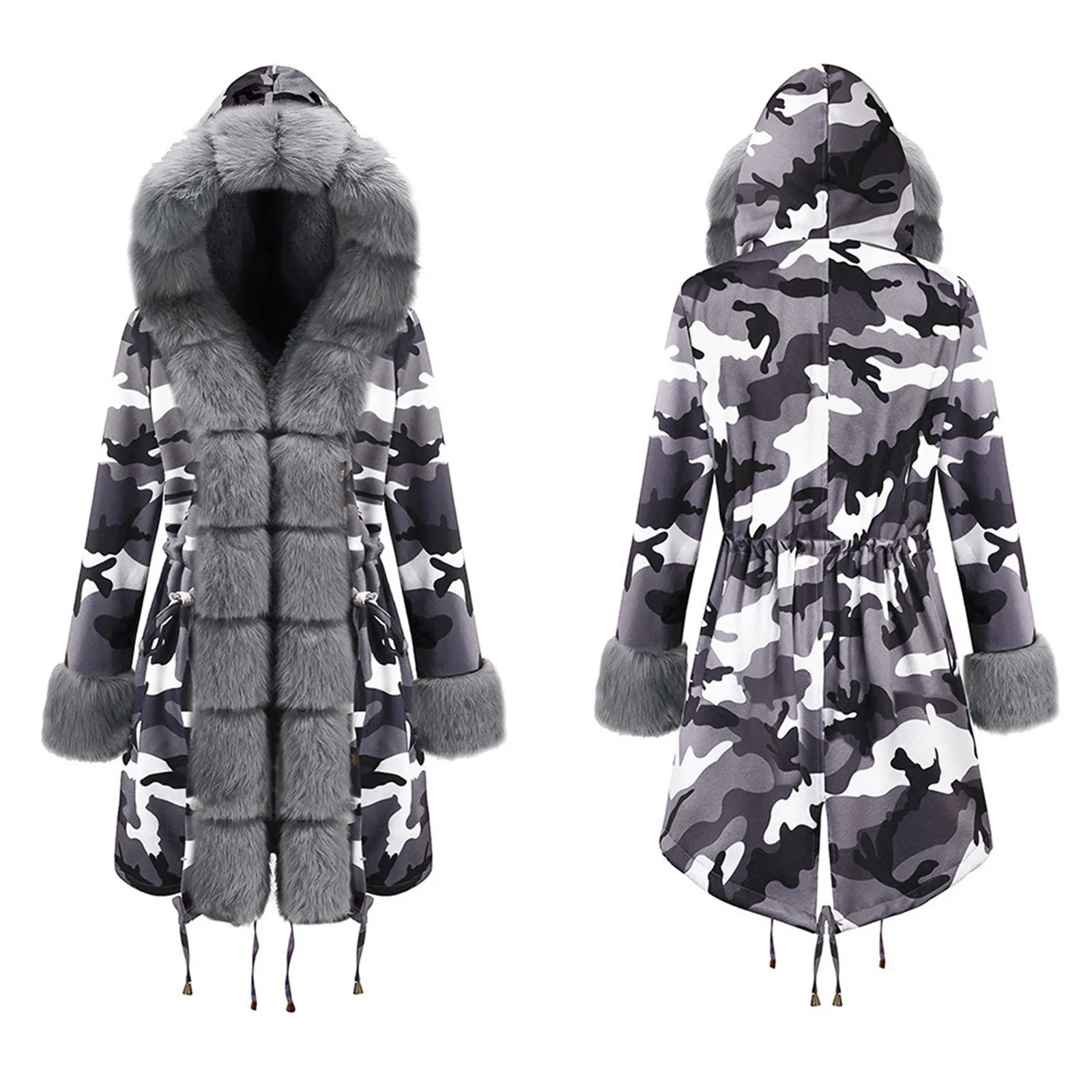 

Womens Thickened Overcoat Plush Winter Furry Camouflage Artificial Leather Hoodie Long Sleeve Outwear Womens Parka Manteau