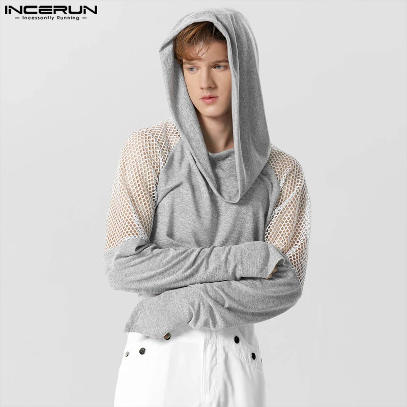

INCERUN Tops 2023 American Style Fashion Men Back Sexy Patchwork Hoodie Casual Street Mesh Hooded Long Sleeved Sweatshirts S-5XL