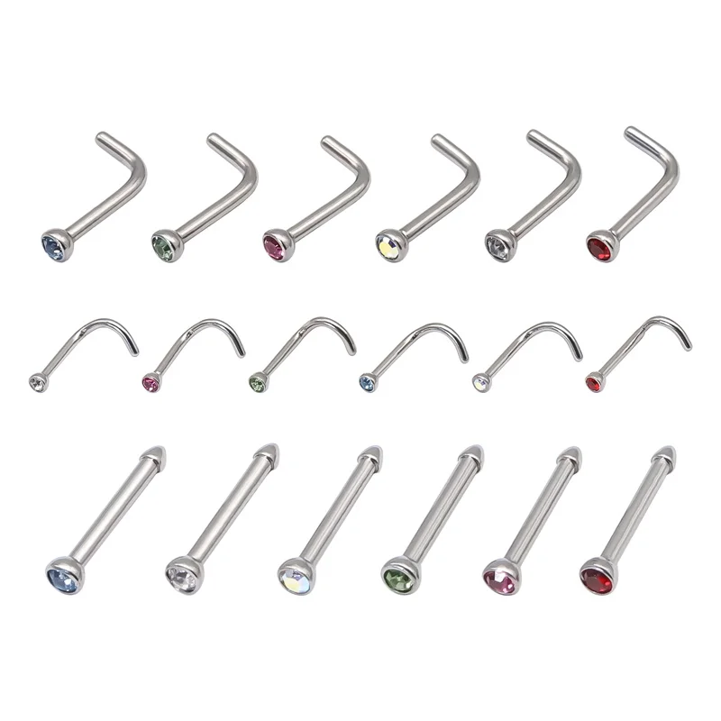 

6PCS/18 PCS/Pack 18G 20G G23 Titanium Crystal Nose Piercing L Shape Nose Stud Nariz Nose Pin Nostril Screw Piercing Body Jewelry