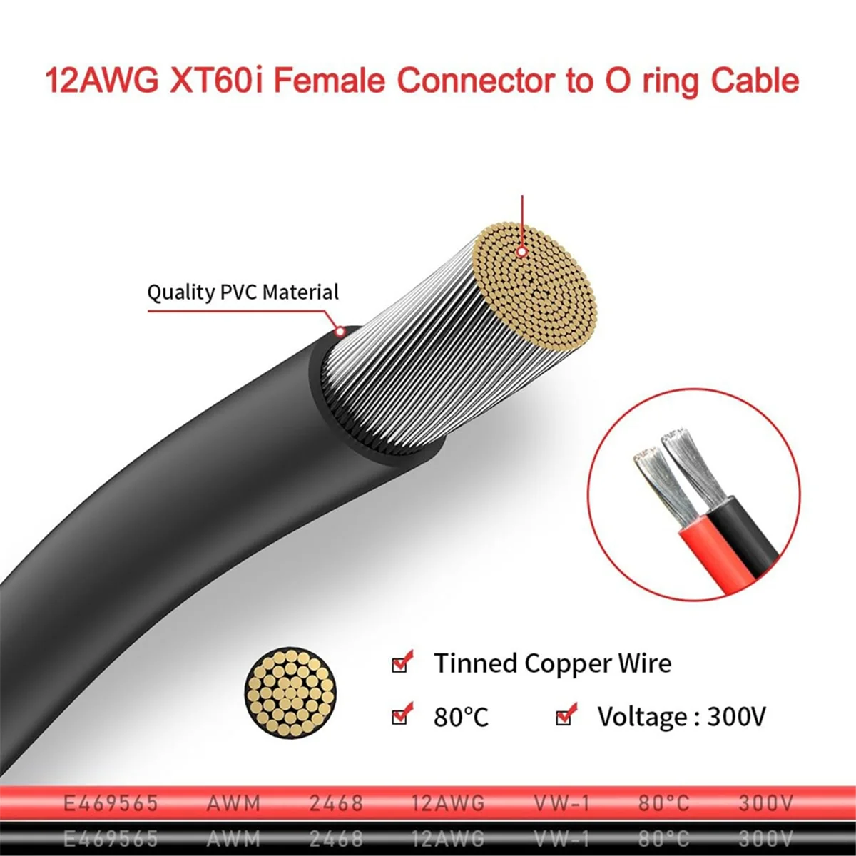 Разъем 12AWG XT60i мама к уплотнительному кольцу с луженым проводом для портативной