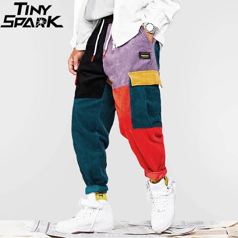 

Hip Pants Vintage Color Block Patchwork Corduroy Cargo Harem Pant Streetwear Harajuku Jogger Sweatpant Cotton Trousers 2019