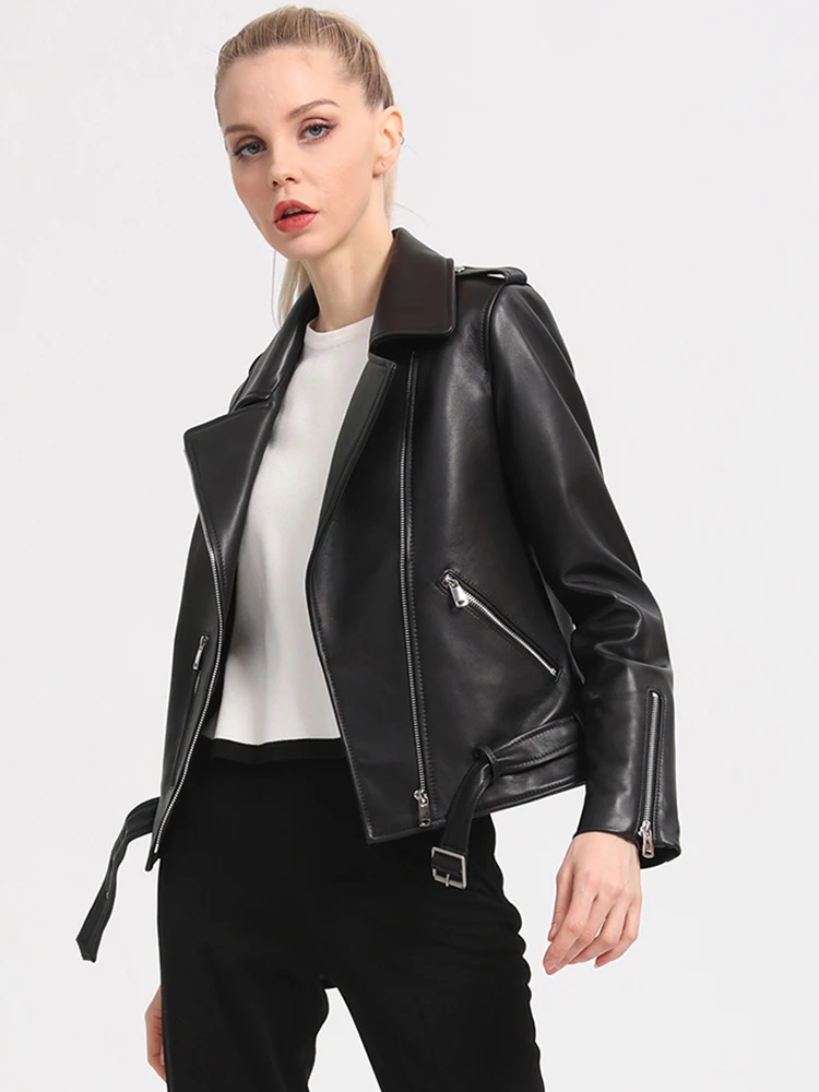 New Women Genuine Leather Moto Jacket Spring Autumn Casual Streetwear Style Turn-down Collar Sheepskin Coat Slim Short Outerwear