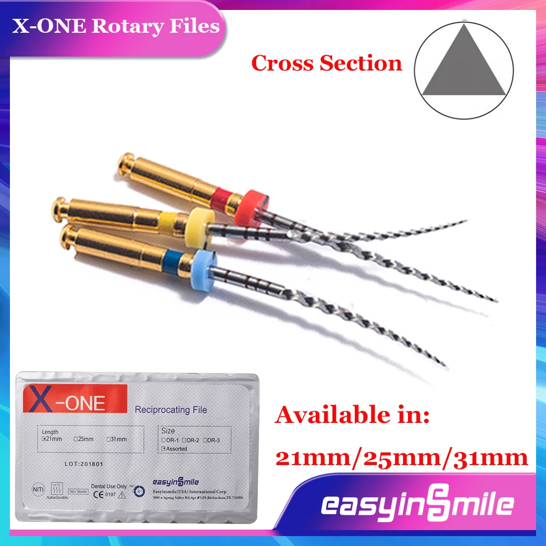 

EASYINSMILE 3Pcs Dental Reciprocating Endodontic Files Root Canal Rotary X-ONE Engine Tips 21/25/31mm Endo Instrument Tools