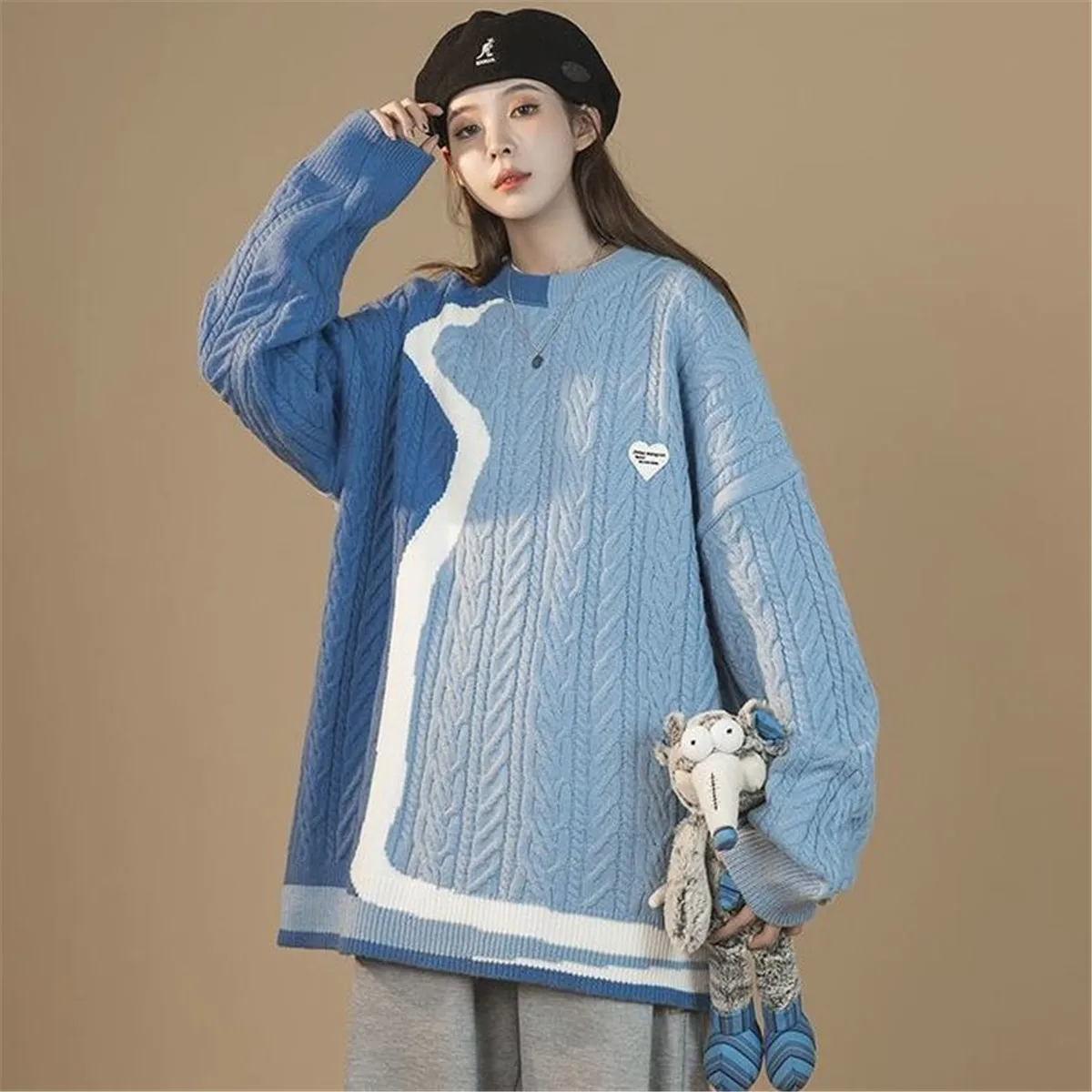 

Cool Women Patchwork Sweater Fashion Solid Knitted Jumper Girl Kawaii Warm Female Tops Femme Autumn O-neck Funny Loose Sweater
