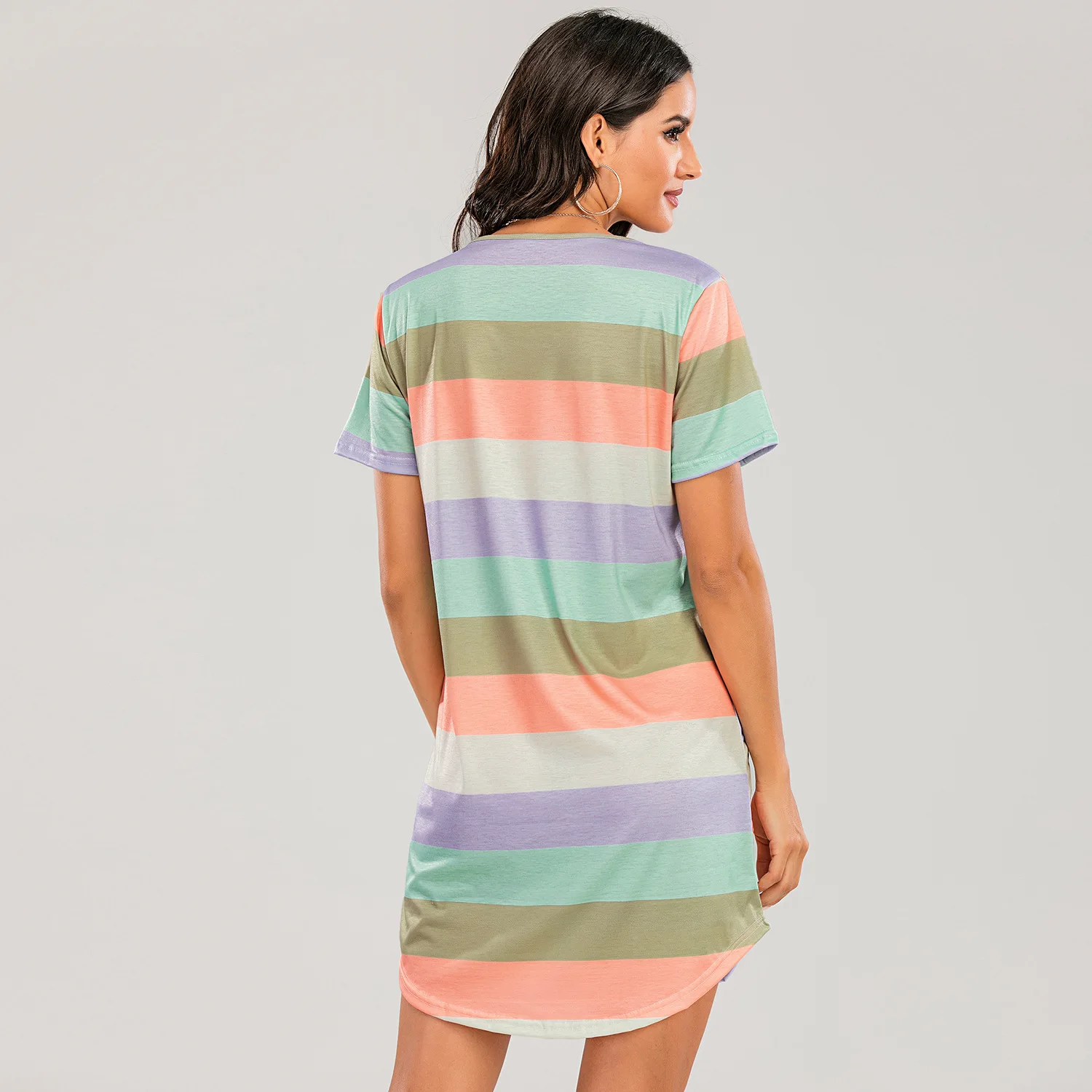 Fashion Rainbow Striped Sleep Dress Women Irregular Mini T Shirt Dress Casual Night Dress Sleepwear Ladies Nightgowns Homewear