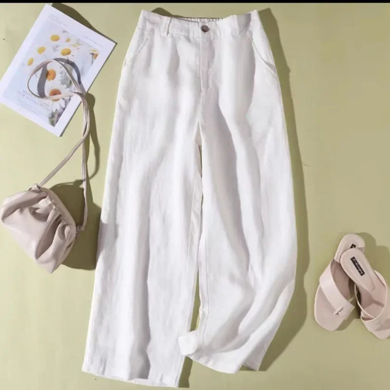 Женские белые широкие брюки из 100% чистого льна летние тонкие свободные дышащие