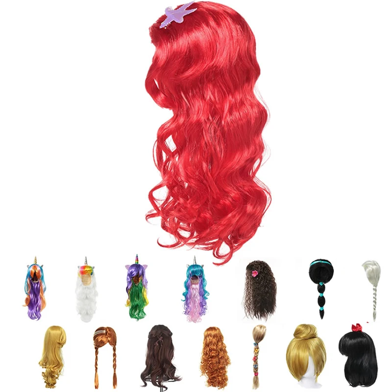 

Girls Elsa Anna Little Mermaid Cosplay Red Wig Princess tangled Braid Jasmine Moana Unicorn Hair For Party Cosplay Kids