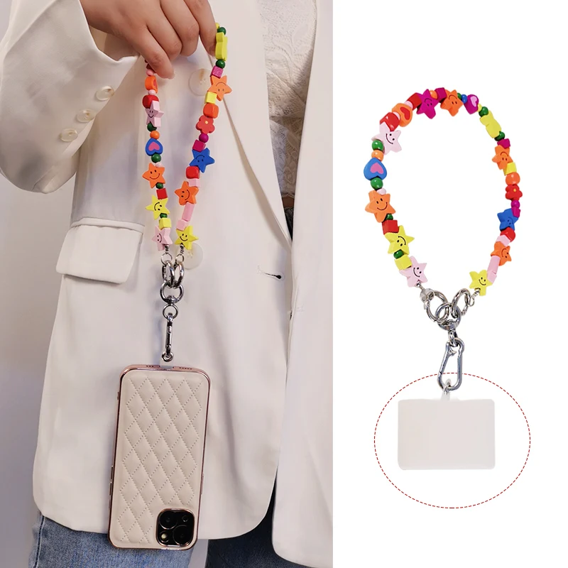 

Mobile Phone Lanyard Short Wrist Pendant Wooden Hand-beaded Colorful Five-pointed Star Pendant Hand-held Chain Universal Lanyard