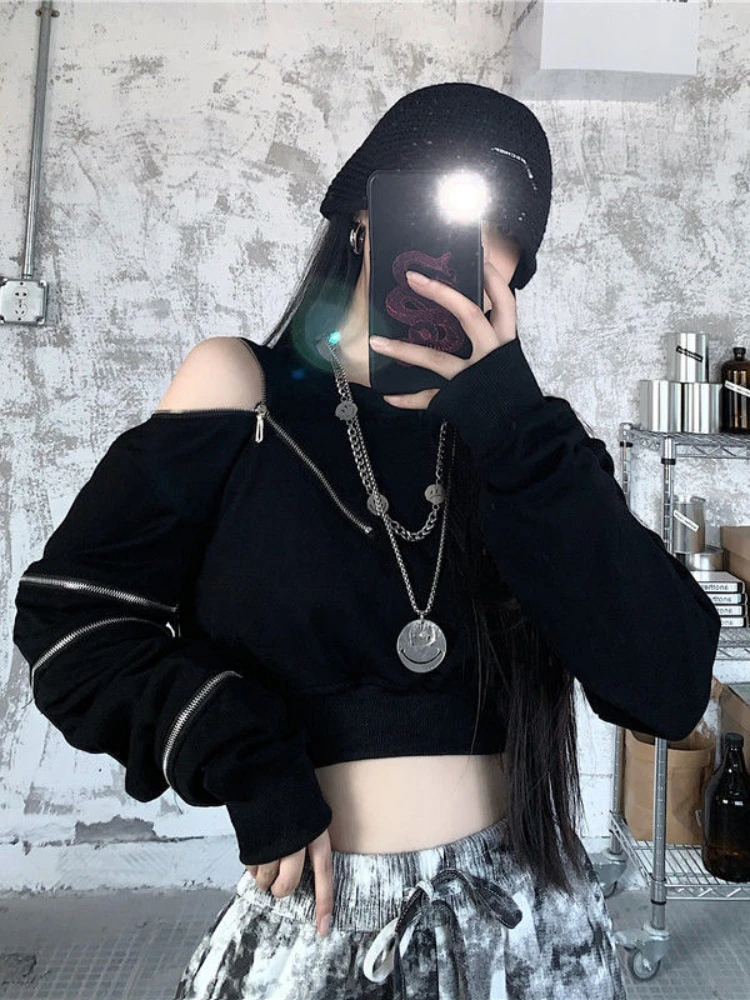 

Худи Techwear женское укороченное с открытыми плечами, черная кофта оверсайз в стиле Харадзюку, на молнии, уличная одежда в стиле хип-хоп, панк