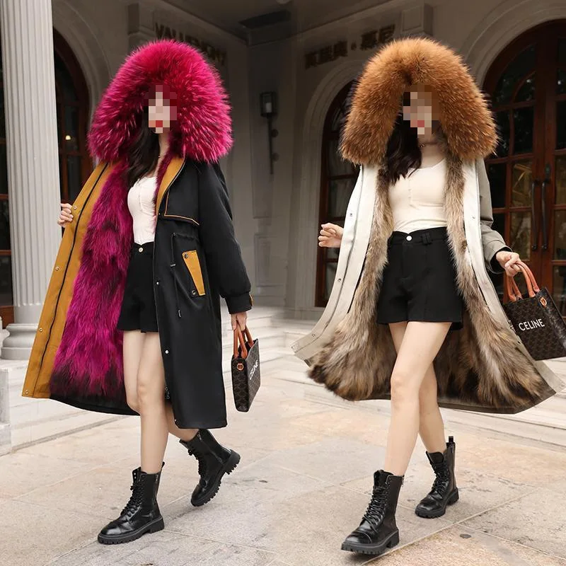 Lady warm winter coat natural raccoon fur collar noble and smart luckyParkaLighter and warmer than rabbit hair