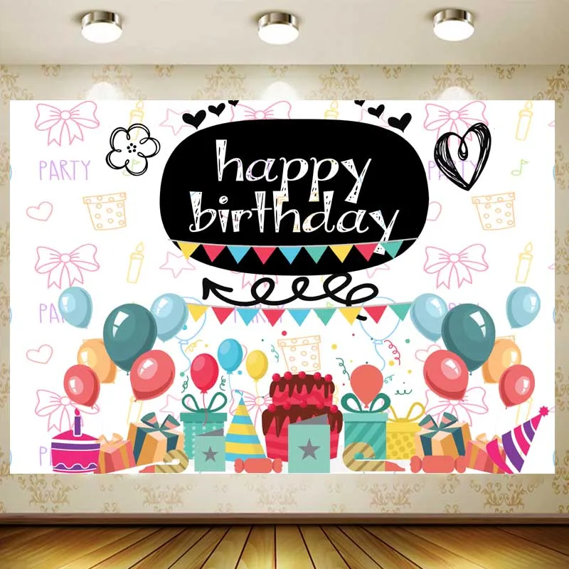 

Cute Children Happy Birthday Backdrop Banner color Balloon Poster Booth tapestry Holiday Birthday Background Wall Party Decor