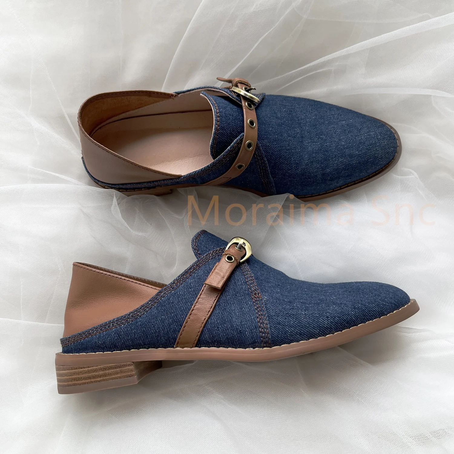 Belt Buckle Denim Shoes for Women Pumps Slip On Flats College Style Casual British Single Shoes Daily All Match 2023 Spring New