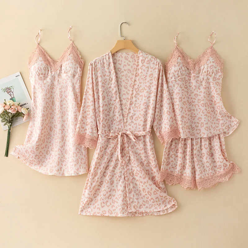

Lace Pajamas Suit Women Satin Robe Gown Set Intimate Lingerie Summer Casual Pyjamas Sleepwear Nigtwear Sexy Home Clothes