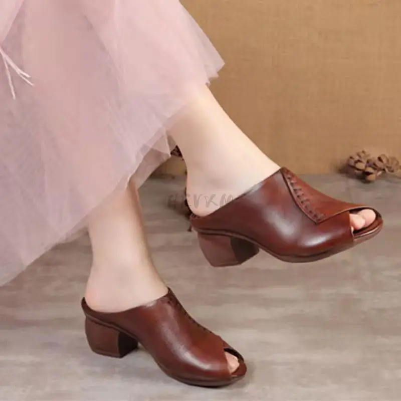 

Design Women Sandals 2022,fashion Summer Mid Heels,peep Toe Slippers Shoes,microfiber Leather,black,brown