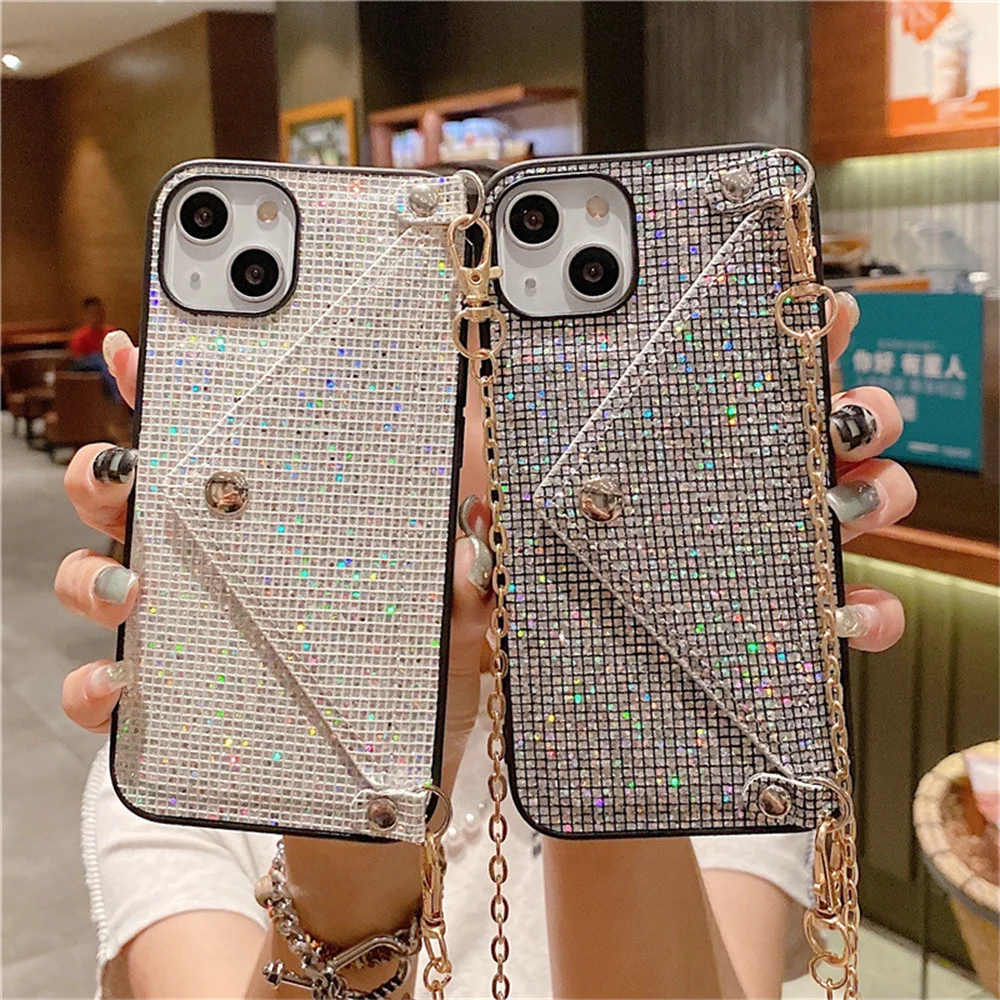 

Card bag card insert envelope protective case for iphone14 iphone13 creative flash diamond cross body chain phone case