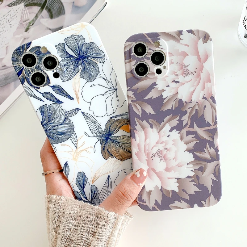 

Soft Matte Flowers Phone Case For iPhone 11 12 13 Pro Max XS X XR 7 8 Plus SE 2020 Shockproof Bumper Back Cover