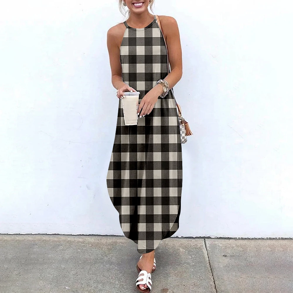 

Women Maxi Dresses New Plaid Printing Sexy Sleeveless Sundress Women Causal Halter Summer Beach Dress Sling Long Dresses