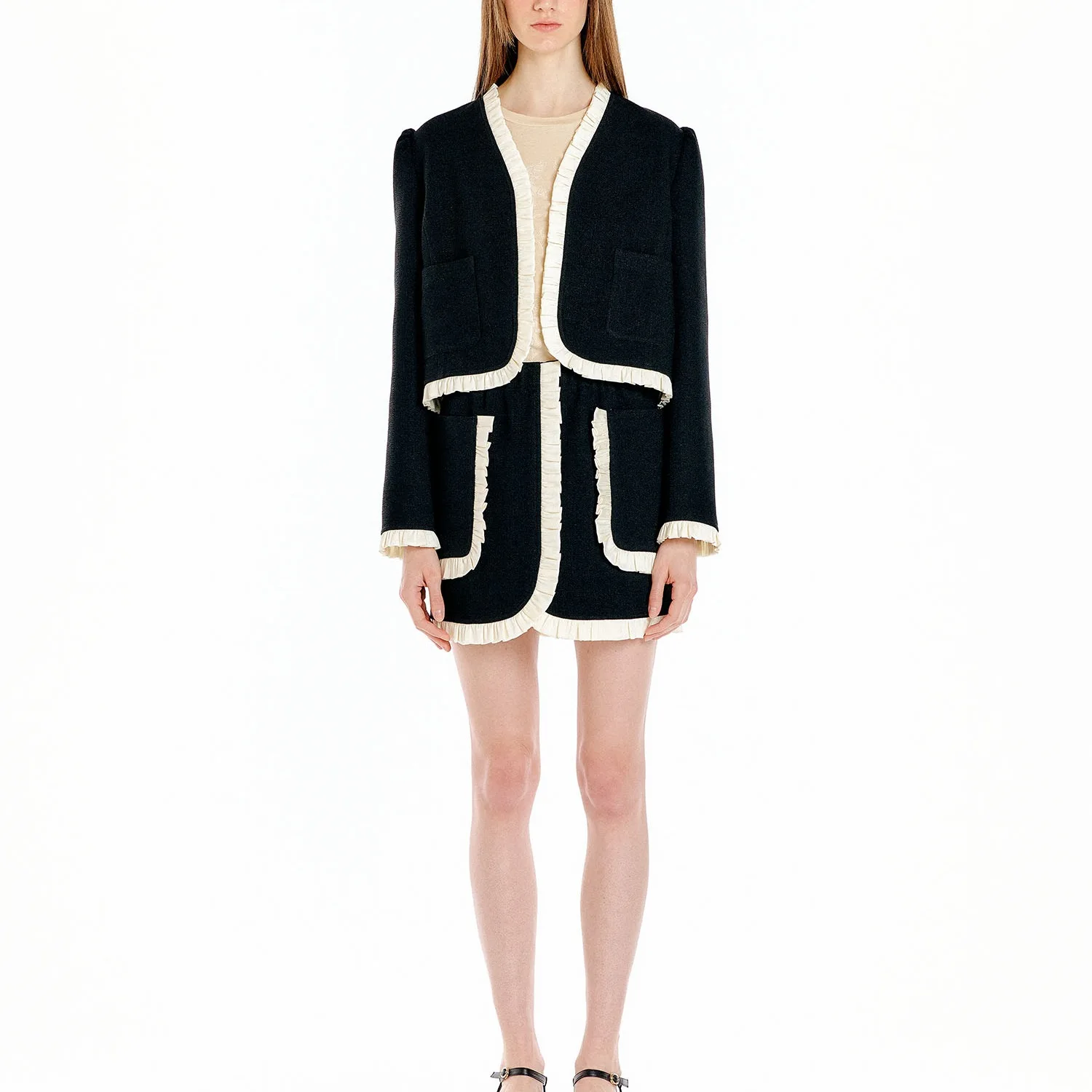 

Женская плиссированная куртка EENK, осенняя Черная куртка контрастных цветов с кружевом и юбкой, женская уличная одежда в Корейском стиле, 2022