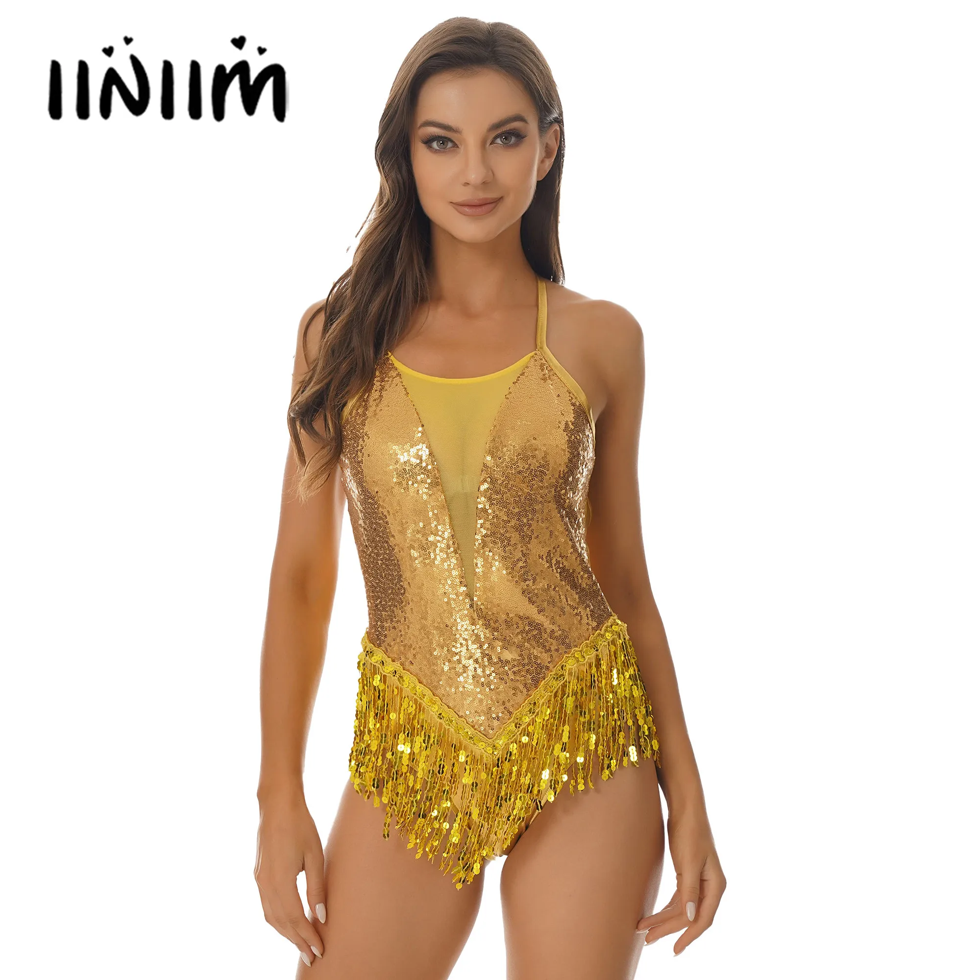 

Женский костюм для латиноамериканских танцев, костюм для выступлений со сверкающими блестками, трико с бахромой и перекрестной спиной, платье для латиноамериканских танцев, боди