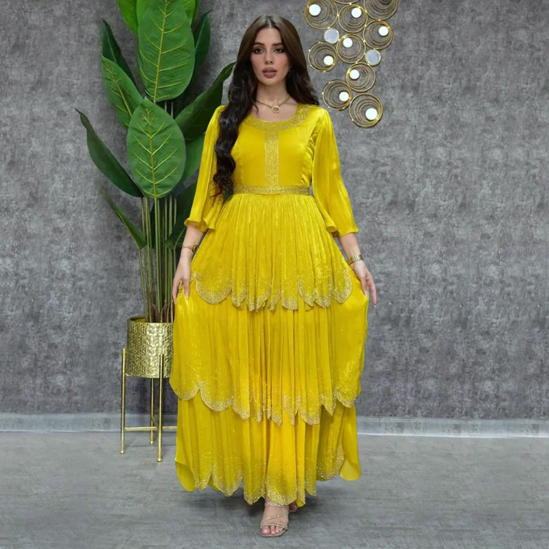 Elegant Muslim Party Long Dresses Women With Sashes Islamic Clothing Abaya African Dresses Robe Musulman Djellaba Femme 2023