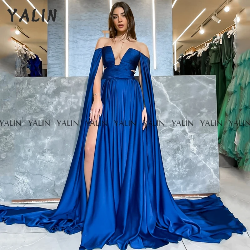 

YALIN Sexy Evening Dress A-Line V-Neck Sweep Train Satin Backless Elegant Royal Blue Prom Dress Formal High Slit robe de soirée