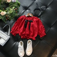 spring girls tops fashion kids pleated shirt autumn children lace bow long sleeved t shirt for girl 1 6 years toddler clothes