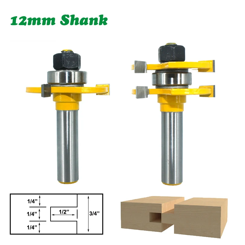 

2PC/Set 12MM Shank Milling Cutter Wood Carving Tongue Groove Joint Assemble Router Bits 3/4" stock T-Slot Tenon Cutter for Wood