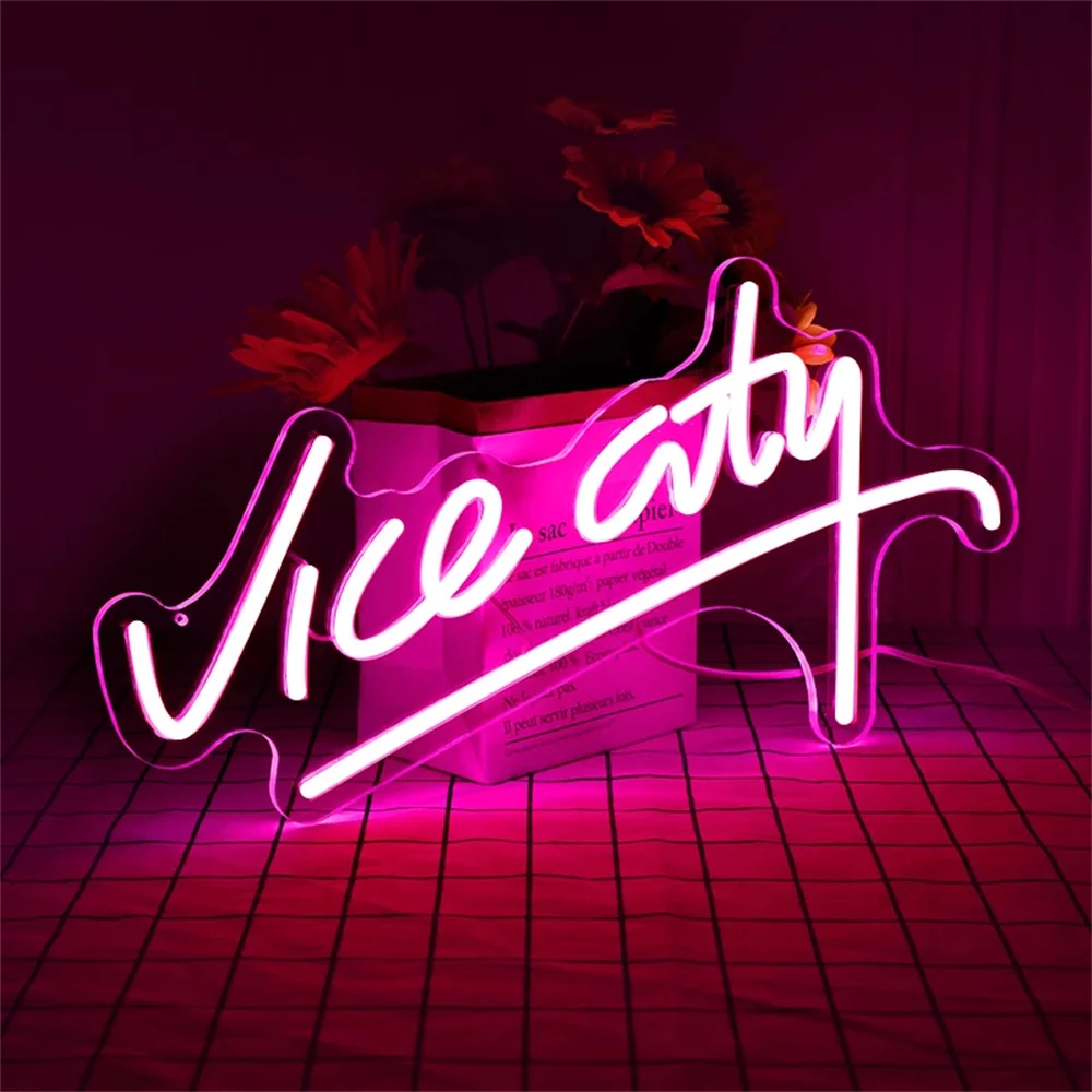 Wanxing Vice City Pink Neon Sign Led Lights Bedroom Letters USB Powered Game Room Bar Party Indoor Home Arcade Shop Wall Decor