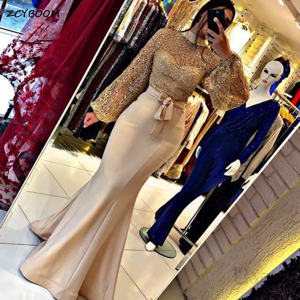 

Luxurious Golden Evening Dresses 2022 High Neck Full Sleeves With Sashes Mermaid Satin Long Formal Prom Gowns Vestidos De Fiesta