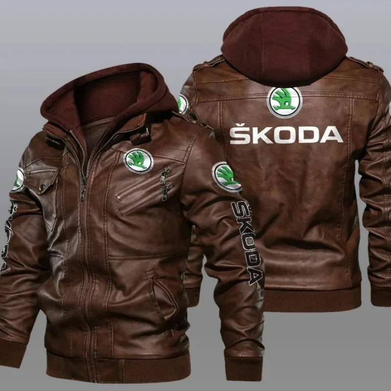 

Новинка 2023, зимняя мужская куртка из искусственной кожи с логотипом Skoda, с длинным рукавом, на молнии, с капюшоном, модное сохраняющее тепло пальто с флисовой подкладкой