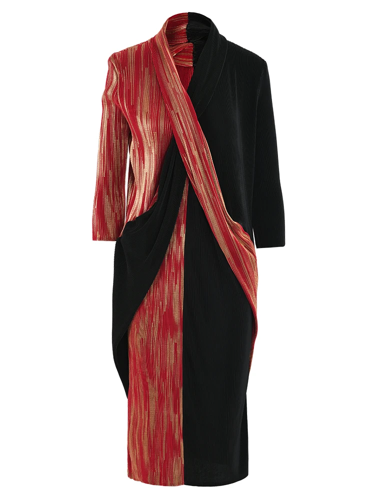 Платье женское Плиссированное контрастных цветов с V-образным вырезом