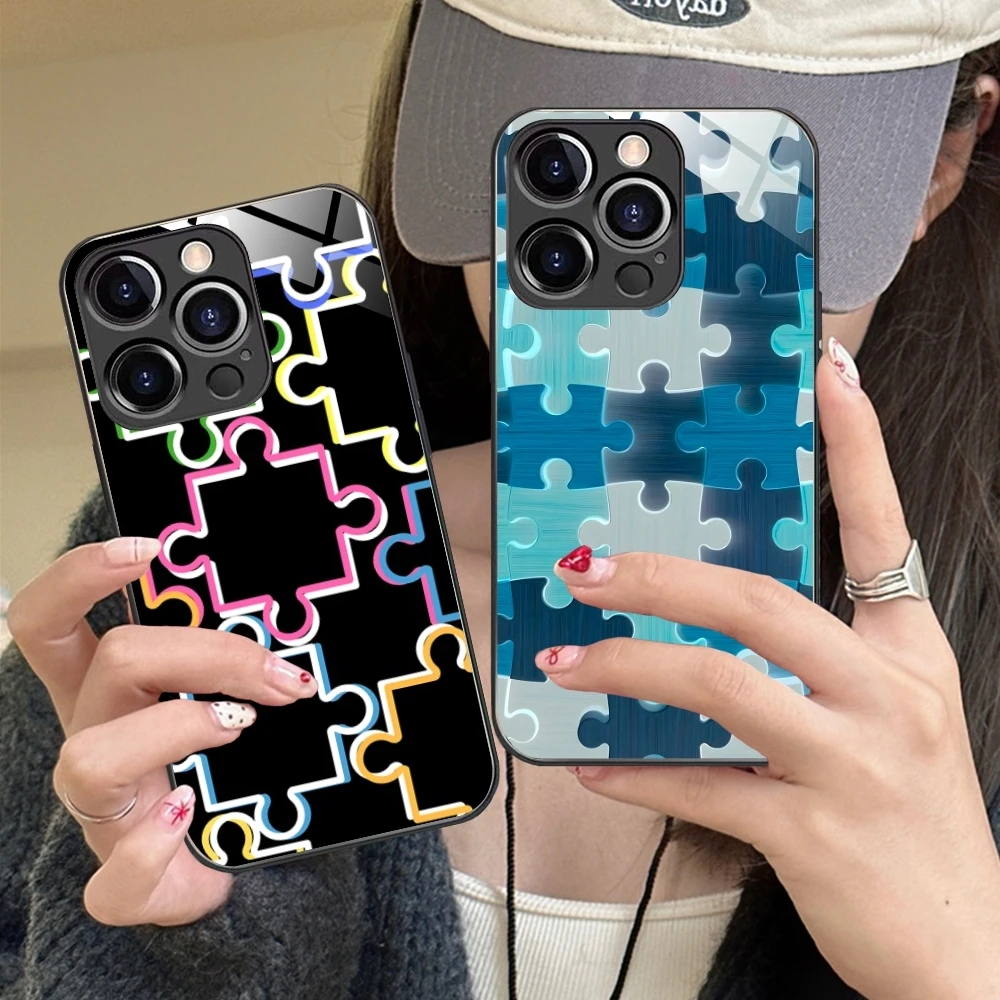 Puzzle Pretty Fashion Mobile Cell Phone Case for iPhone 16 15 14 13 12 11 X XR XS 8 Pro Max Plus Mini PC Glass Cover Shell