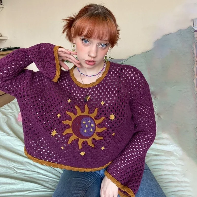 

Purple Sun Star Harajuku Crochet Sweaters Women Knitted Smock Tops Autumn 2022 Knit Pullover Fairycore Sweater Jumper Knitwear