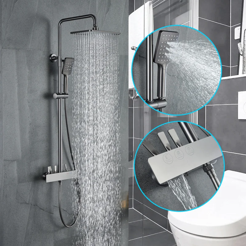 

Gothic Brass Square Shower Set Light Luxury Gun Gray Pull-out Button Three Function White Bathroom Rainfall Shower Faucet System