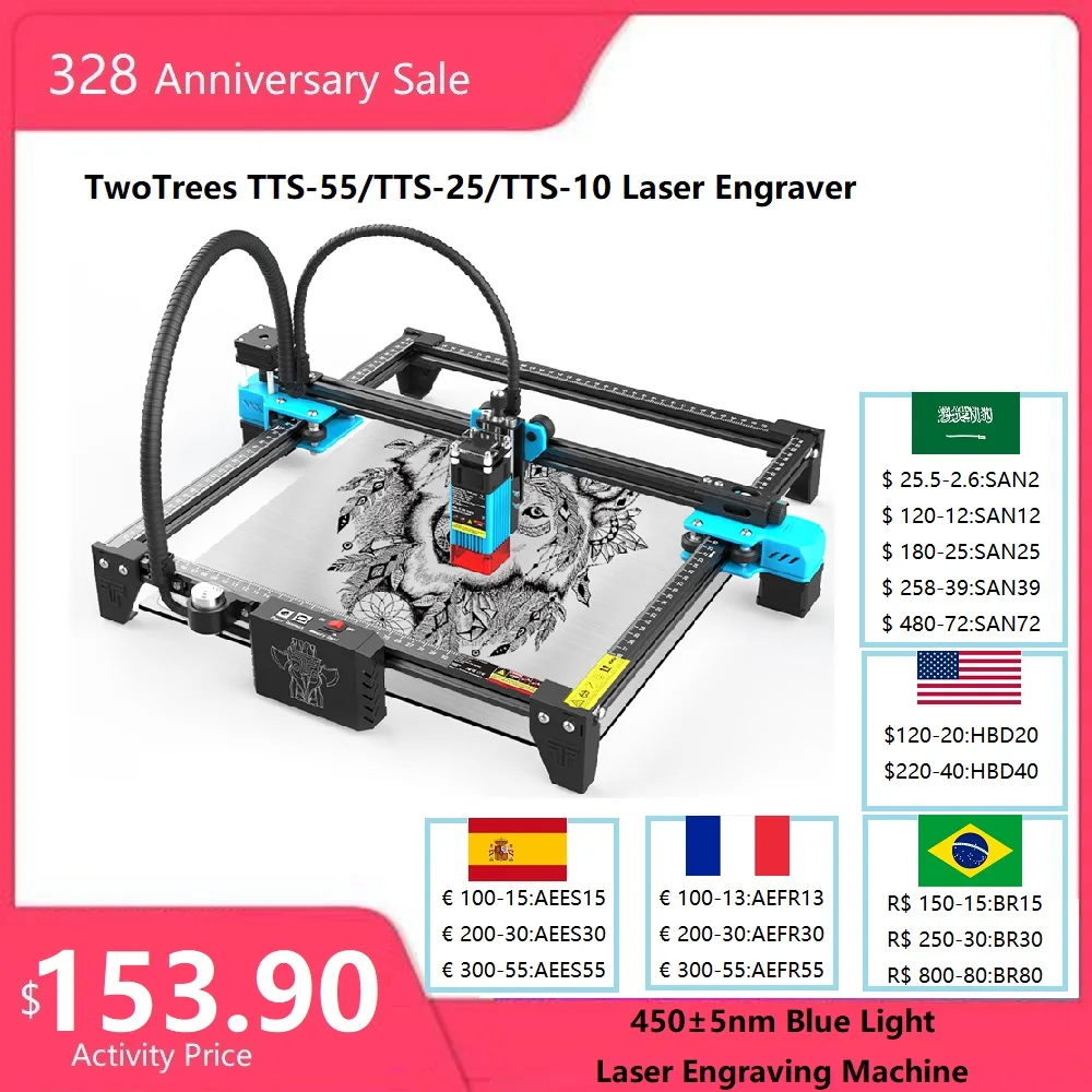 

TwoTrees TTS-55 CNC Laser Engraver With Wifi Offline Control 40W Laser Engraving Machine 450±5nm Blue Light 40W/80W CNC Router