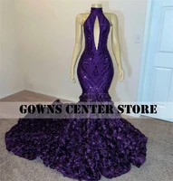dark purple sequined lace mermaid prom dress black girls evening gowns for women elegant party african robe de soiree femme