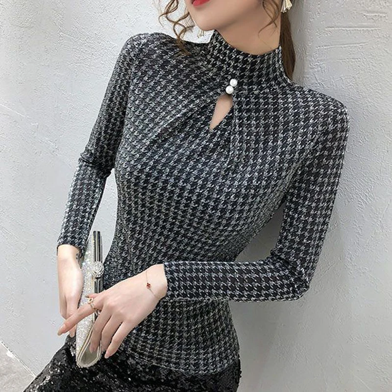 

Женская футболка с длинным рукавом, эластичная блестящая ажурная футболка с высоким воротником, весна-осень 2022