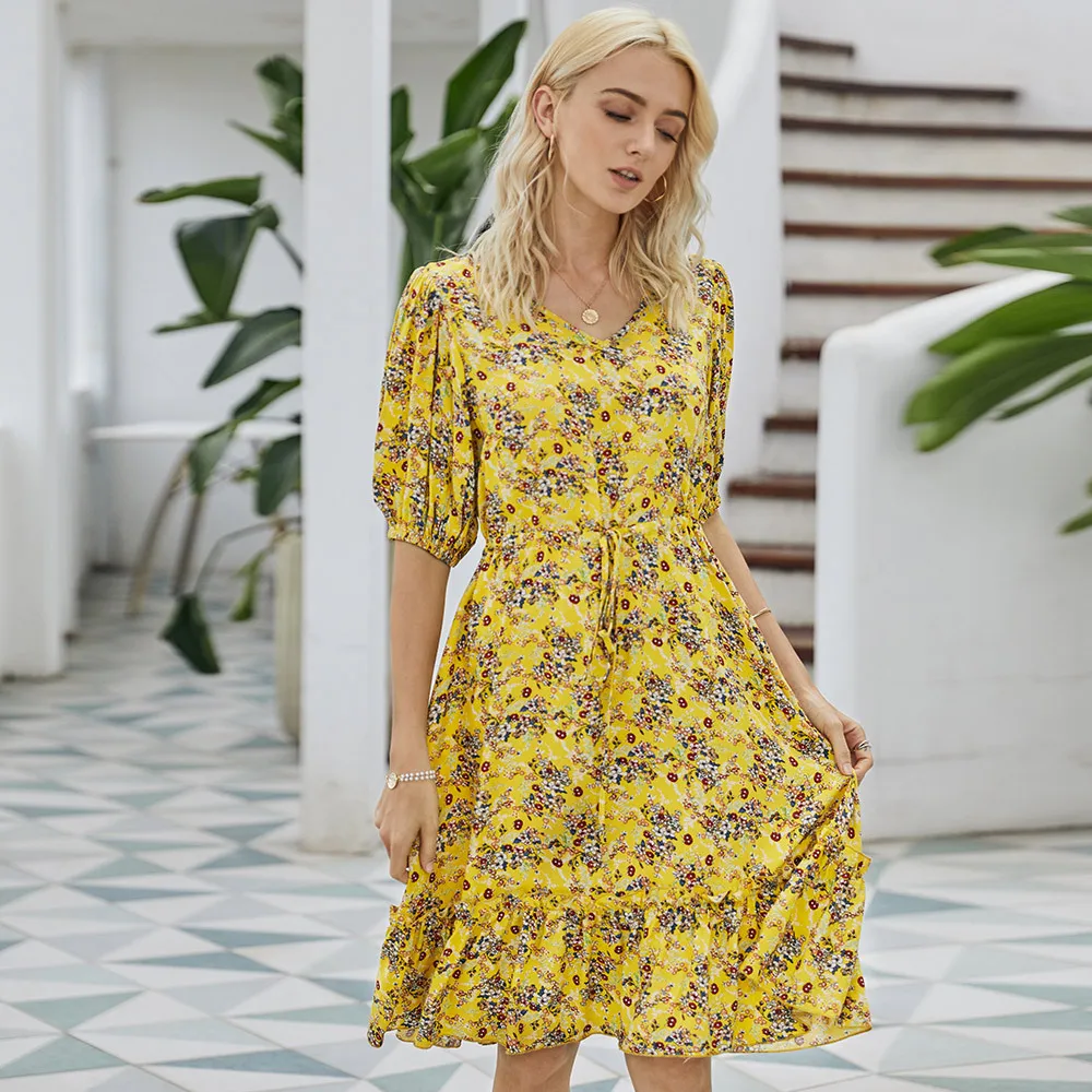 

Women Dresses Summer Fashion V-neck Print Flower Waist Retraction Lace Up Elegant Temperament Dress Short Casual Dress