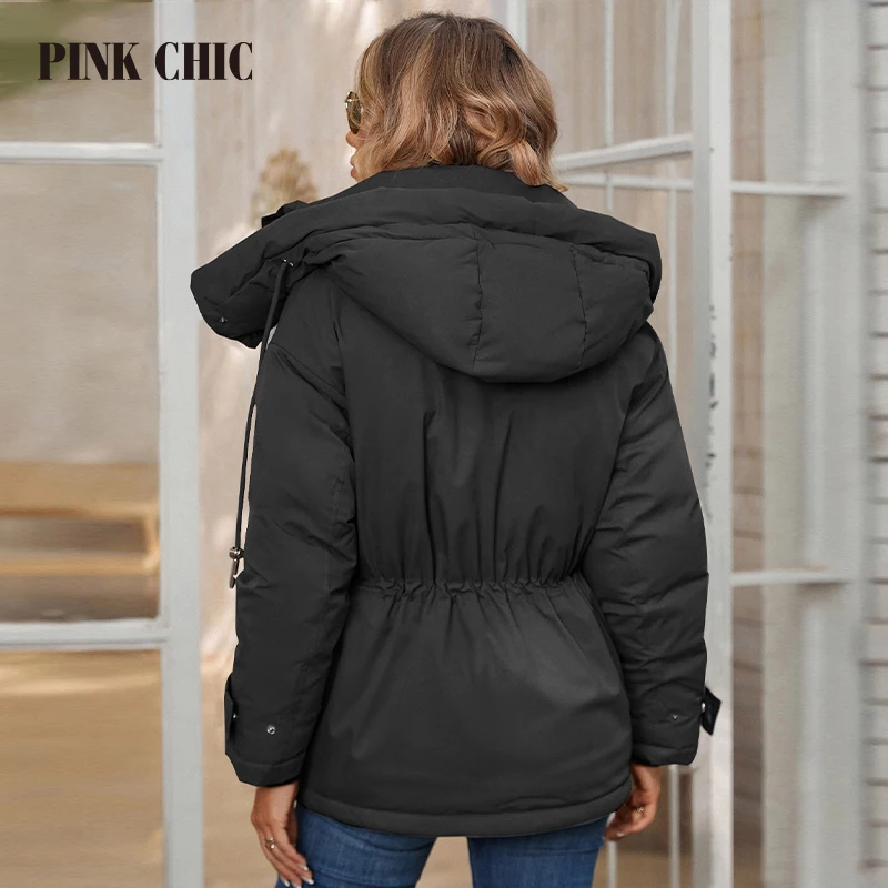 PINK CHIC 2023 Winter Short Coats Women Warm Hooded Padded Female Outwear Solid Slim Casual Down Jacket Women's Parkas 8249