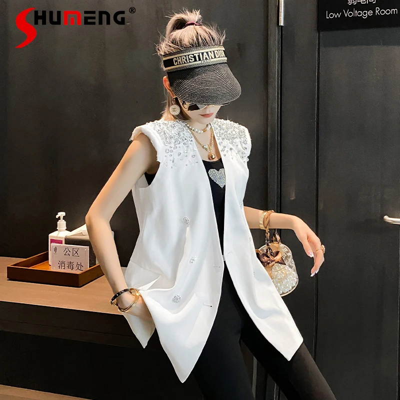 

2022 Spring New Thin Temperament Suit Vest Women Female Heavy Industry Light Diamond Outer Wear Sleeveless Camisole Black Blazer