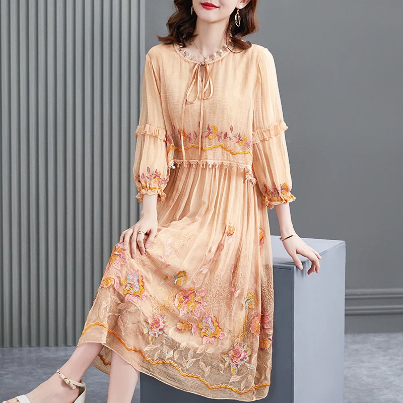 

Летнее платье, новинка 2022, женское повседневное длинное платье из тутового шелкопряда, женское элегантное тонкое платье-миди высокого каче...