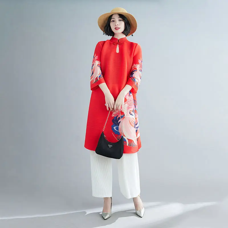 

New Year retro foreign air printing big dress 2022 spring new national wind quality high-end pleated o neck half sleeve dress