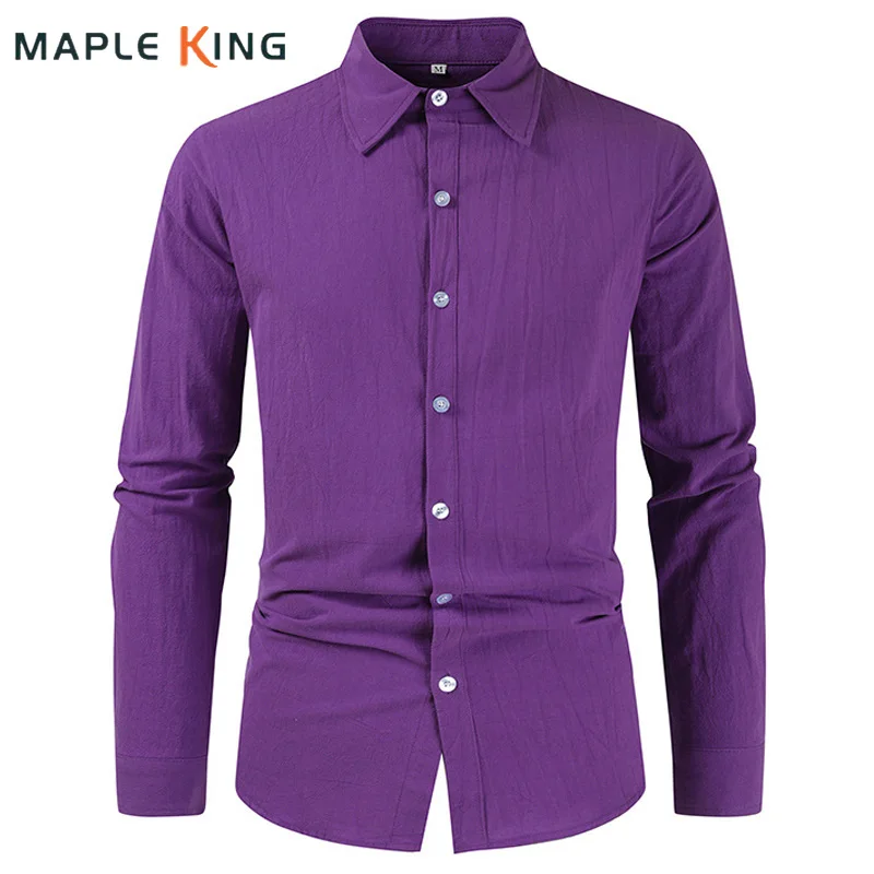 

Рубашка мужская оверсайз из хлопка и льна, формальная блуза фиолетового цвета, винтажная Гавайская одежда, уличная одежда, 4XL
