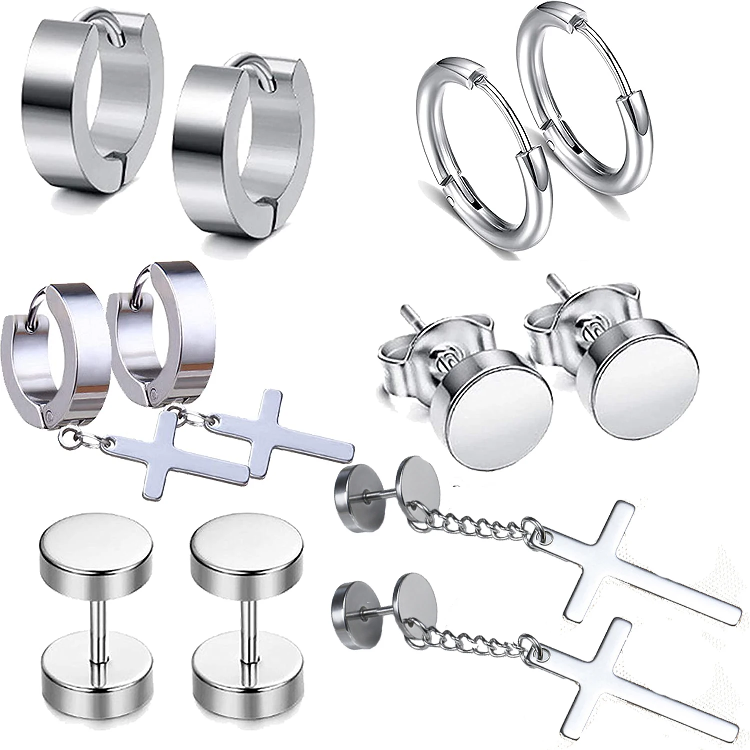 

6 Pairs Silver Stainless Steel Earrings for Men Punk Rock Tattoo Cross Dangle Stud Earrings Hoop Earrings Street or Daily Wear