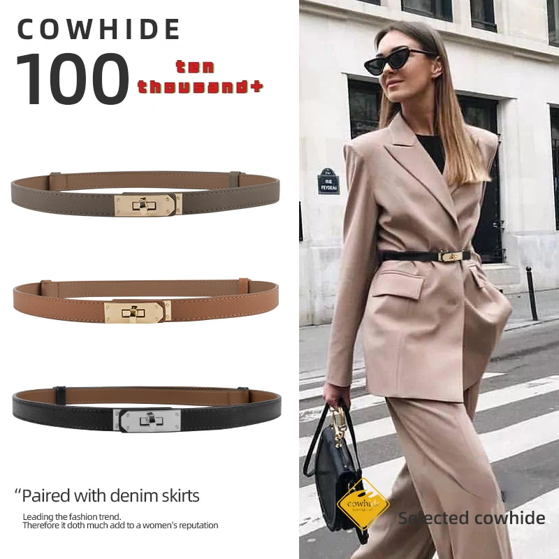 Retro Waist Decorations Women's Thin Belt Women's Genuine Leather Korean Fashion Waist Thin Belt Women's with Dress Decoration