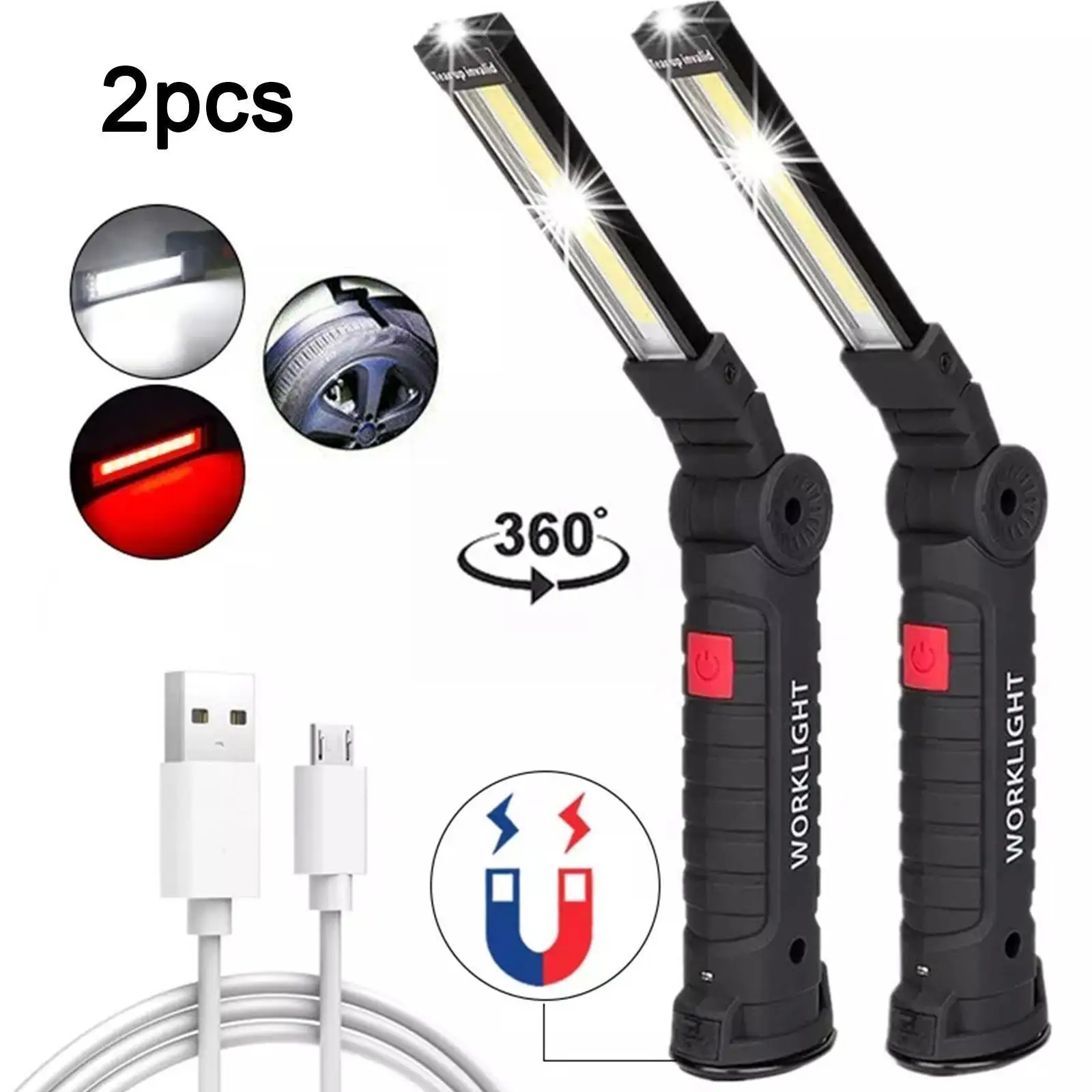 

2pcs Usb Charging Portable Cob Led Flashlight Work With Lanterna Camping Modes Built-in 5 Hanging Light Torch Battery Lamp R5h0