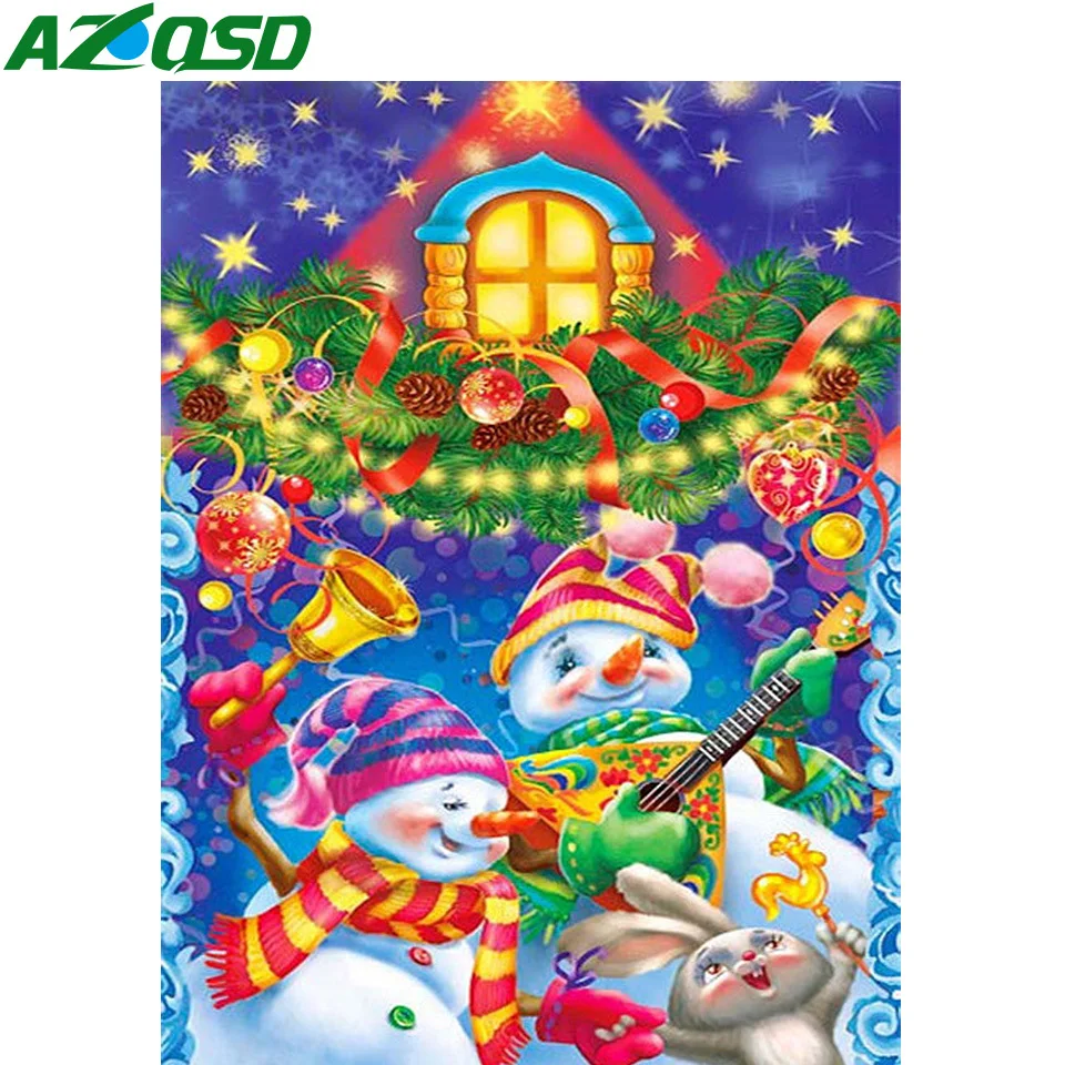 AZQSD Diamond Painting Snowman Rabbit Winter Cross Stitch Embroidery House Christmas Mosaic Handmade Picture Of Rhinestones Gift