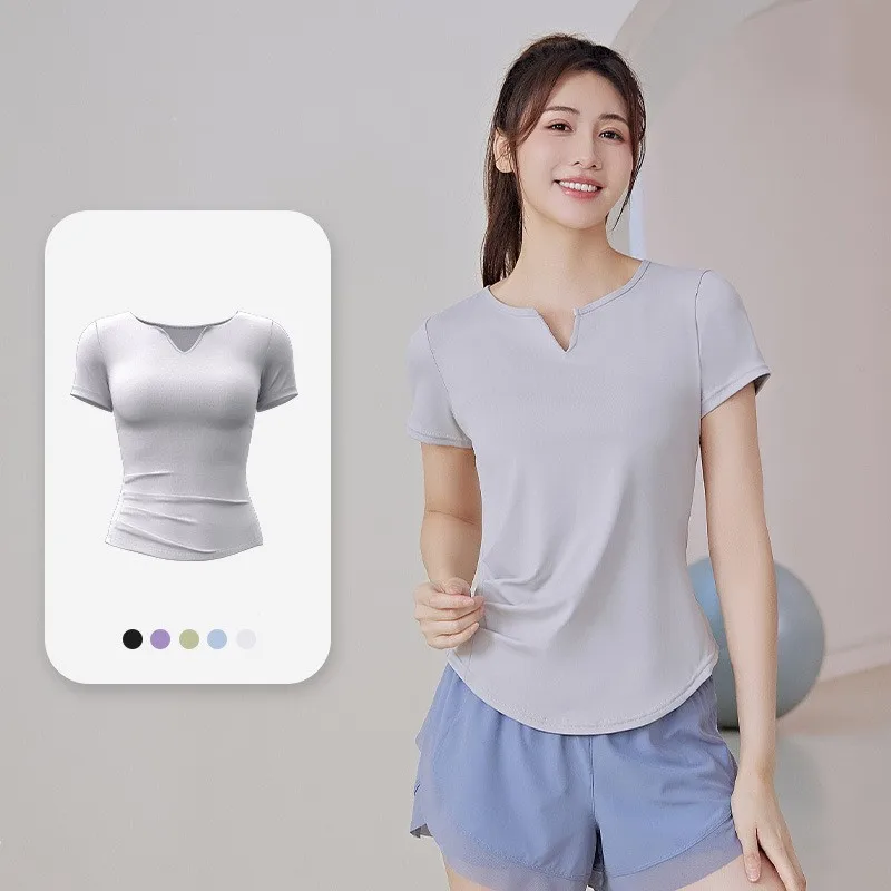 Yoga Sports T-shirt Summer V-neck Women's Quick Dry Solid Color Waist Loose Running Fitness Slimming Yoga Suit Short Sleeve Spor