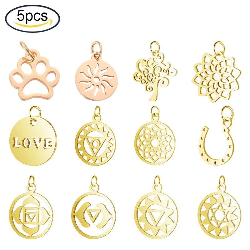 

5PCS 304 Stainless Steel Pendants Dog Paw Prints Flat Round Tree Gold Plated