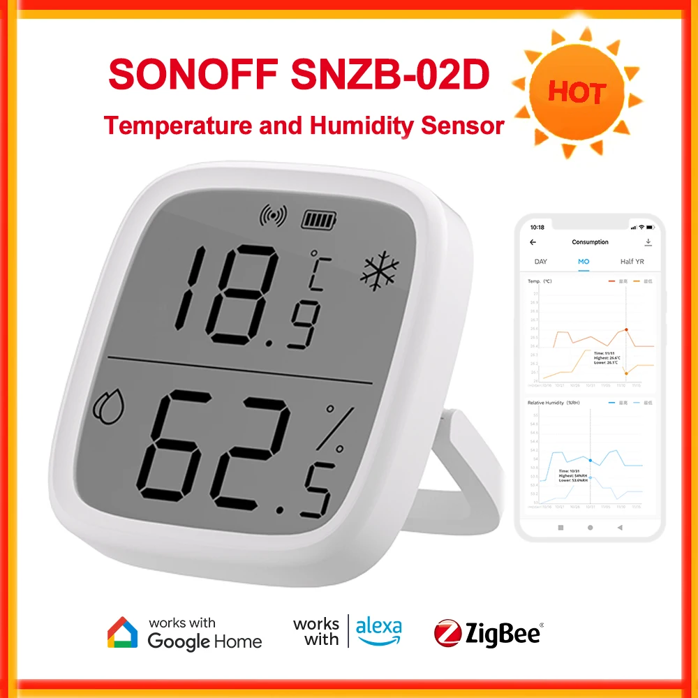 

Умный датчик температуры и влажности SONOFF SNZB-02D Zigbee, дистанционный мониторинг в режиме реального времени, большой ЖК-экран, для умного дома